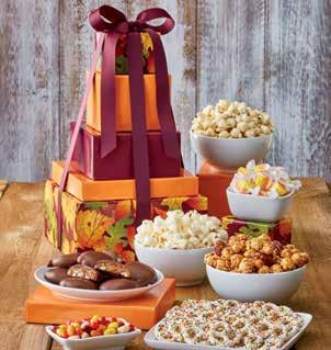99 B BURGUNDY LEAVES 5-TIER TOWER Great for friends and family, our 5-tier tower comes filled with Jelly Belly Autumn Mix, Candy Corn Taffy, Mini Confectioners Coated Pretzels, Pixies