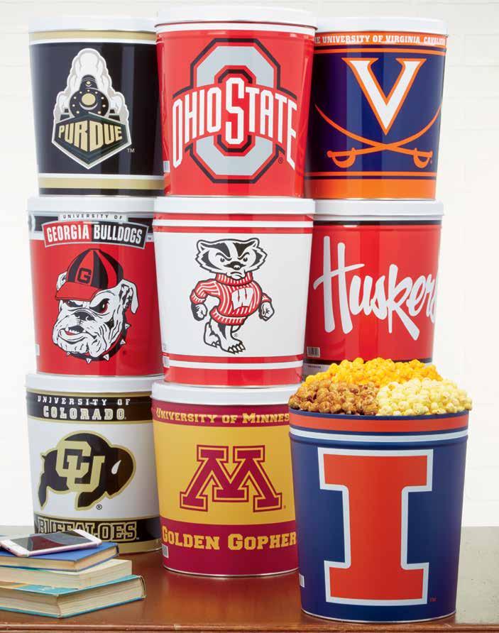 COLLEGIATE 3-GALLON POPCORN TINS A great gift for students and alumni, our collection of officially licensed Collegiate Popcorn Tins features school colors and logos.