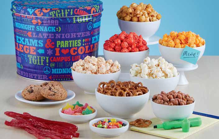 We fill the 2-gallon tin with Mini Pretzels, Sour Stars, Jelly Belly Jelly Beans, Red Licorice Twists, Honey-roasted Peanuts, 3 Soft-baked Chocolate Chunk Cookies and five flavors of gourmet popcorn: