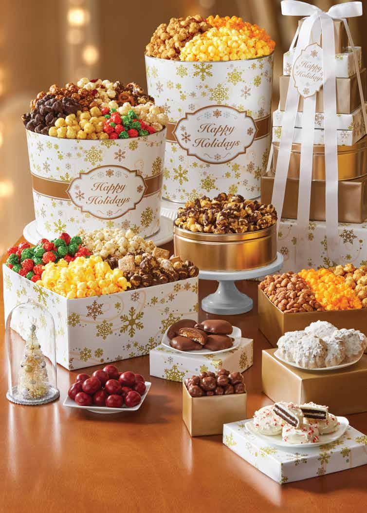 oh so delightful GIFTING GOLD SNOWFLAKE 8-TIER TOWER & POPCORN TINS new! We ve piled the treats high in this magnificent 8-Tier Tower & Tins.