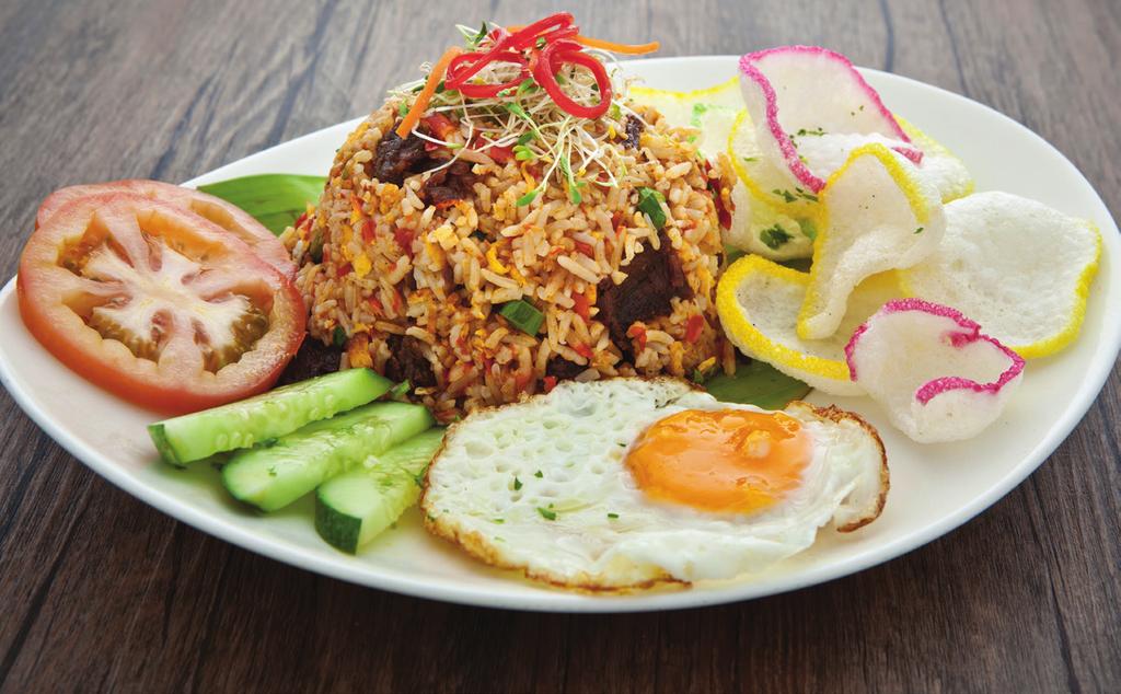 Nasi Campur M&T Style 6 Traditionally white rice served with vegetable pickles, crackers and sambal belacan.