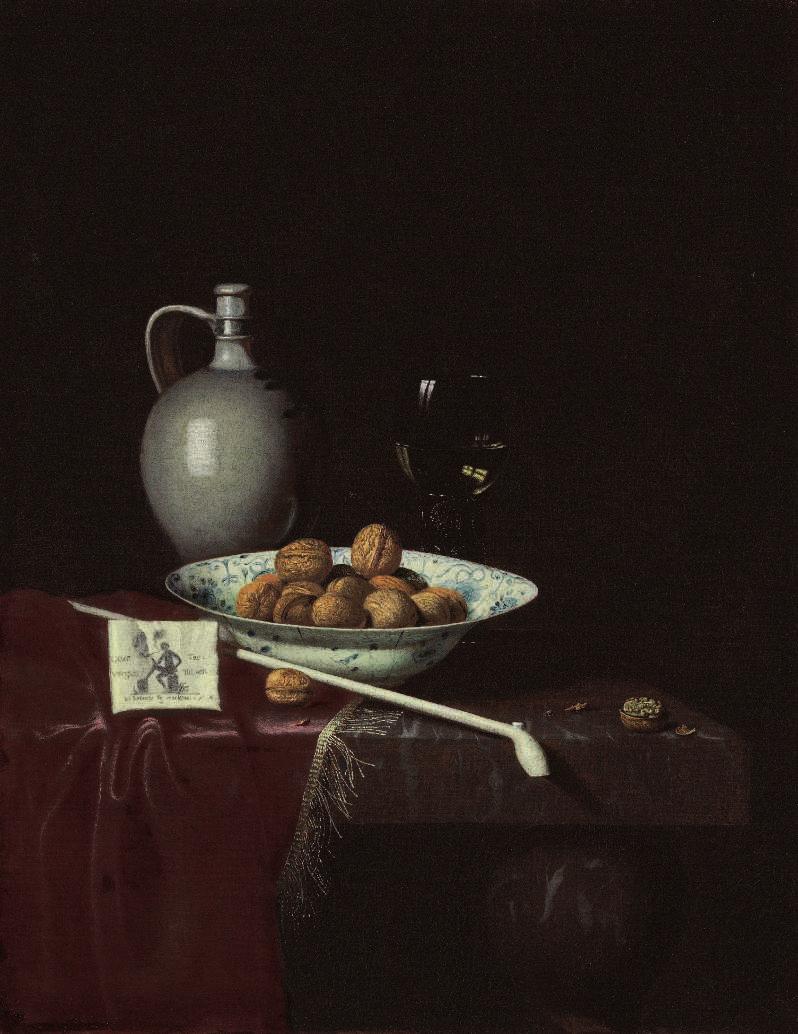HUBERT VAN RAVESTEYN (DORDRECHT 1638-1683) Walnuts in a wan-li porcelain bowl, a stoneware jug, a pipe, and a roemer flled with wine on a partially draped marble table dated `Aº 1670 (center left, on