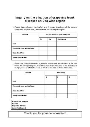Trunk diseases in the Portuguese Dão wine region ed to fulfill an easy three step questionnaire (Figure 3) where the first step was a question acknowledging the existence of any of the four GTD on