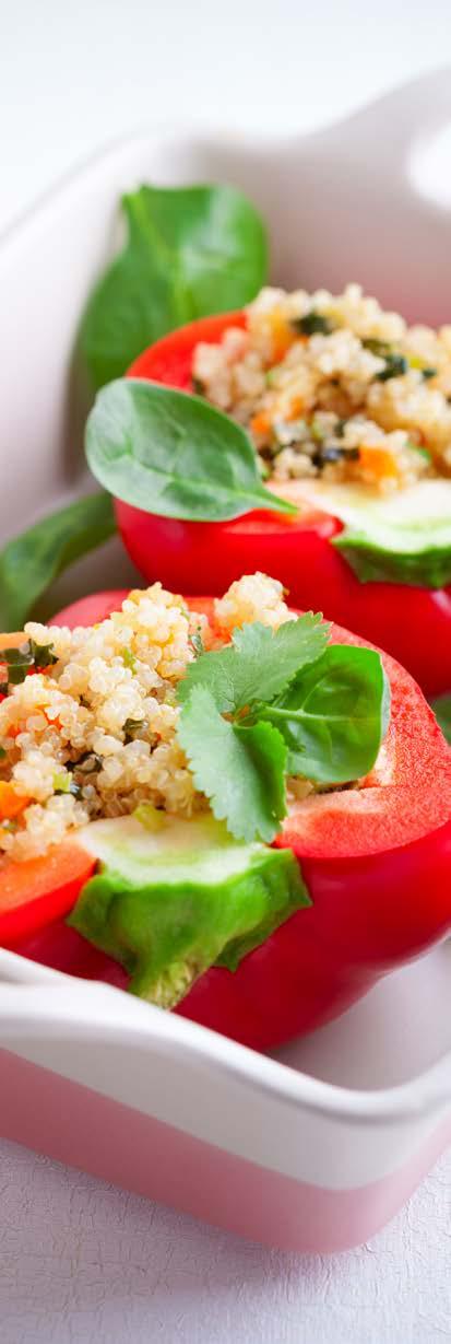 QUINOA-STUFFED PEPPERS SERVES: 2 4 TIME: 45 MINUTES 2 cups water 1 cup quinoa, rinsed and drained 2 bell peppers, halved and seeded 1 teaspoon olive oil plus additional for drizzling 1 onion, chopped