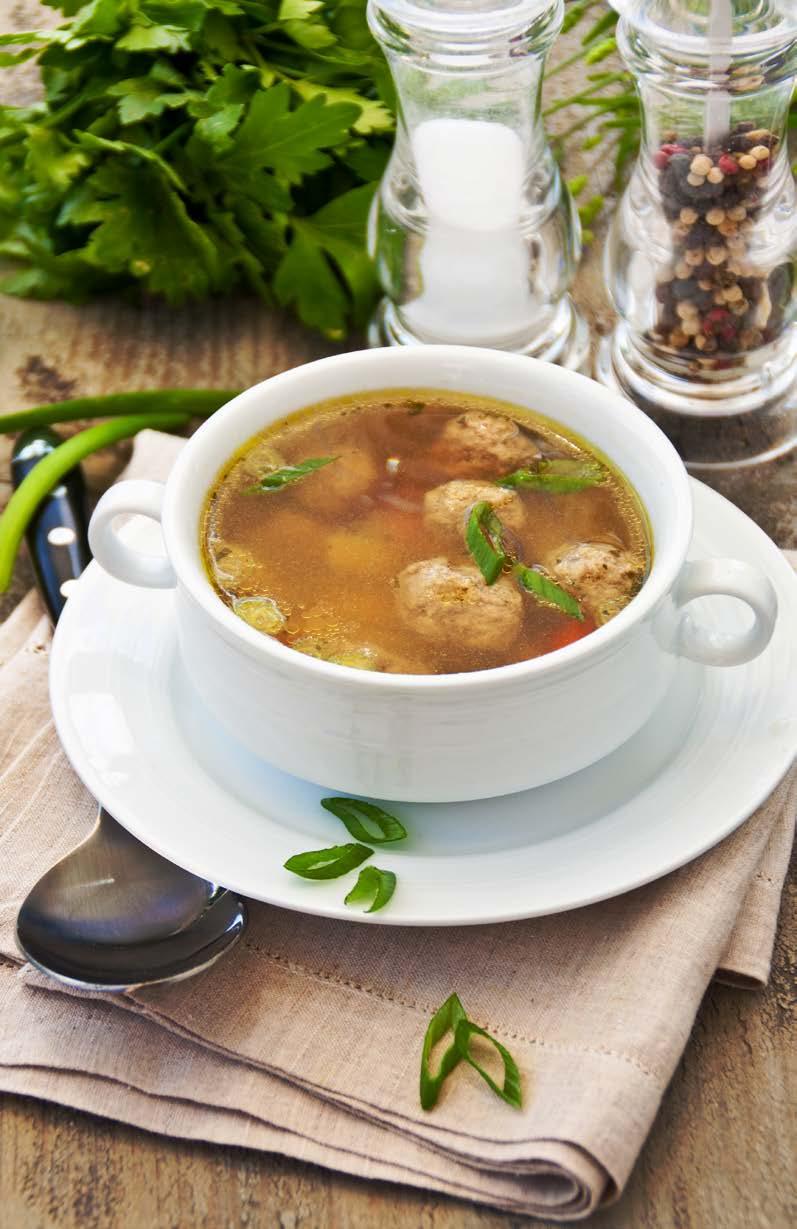 MEATBALL SOUP SERVES: 4 6 TIME: 50 MINUTES 1½ pound ground bison OR beef 2 eggs, whisked ½ teaspoon sea salt 1 teaspoon paprika OR cayenne 2 tablespoons coconut oil 4 cups bone broth OR 3 scoops pure