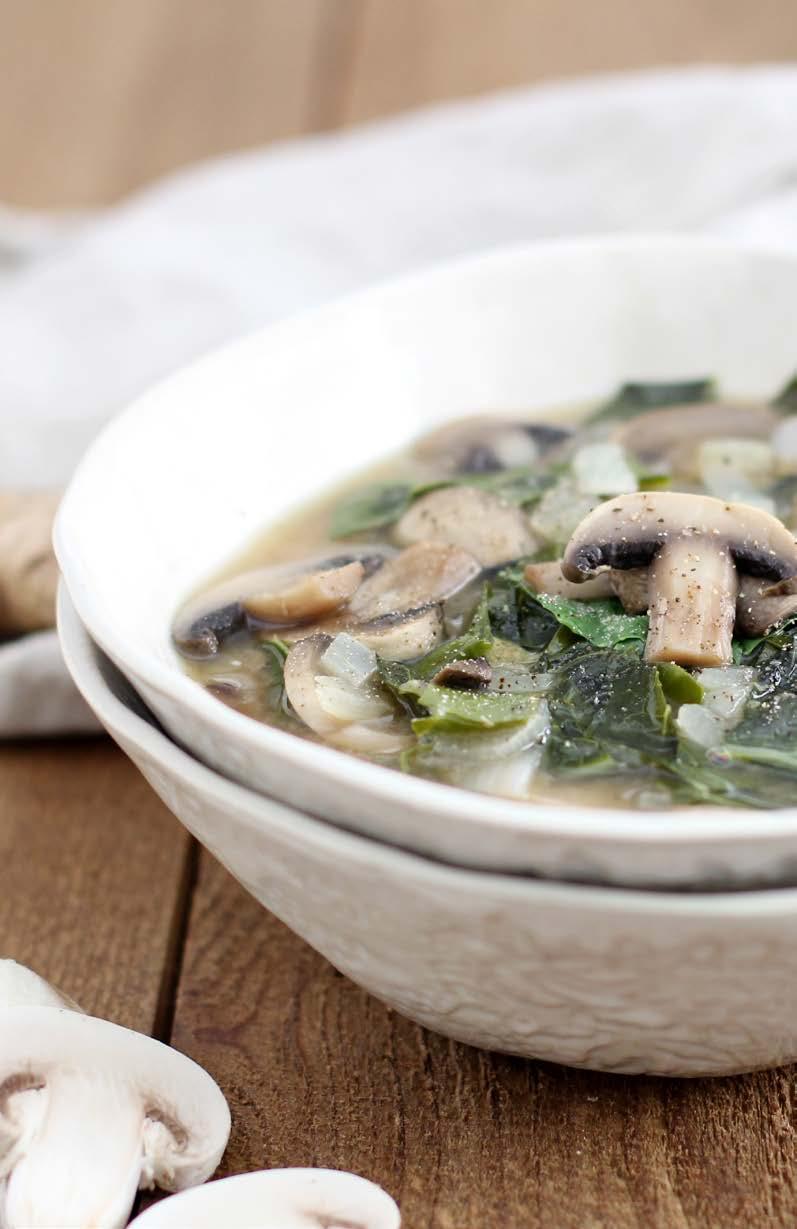 MUSHROOM MISO SOUP SERVES: 2 4 TIME: 35 MINUTES 4 cups chicken bone broth OR 3 scoops of pure bone broth protein mixed in 36 ounces water 1 cup baby portabella mushrooms ½ red onion, chopped 3 cloves