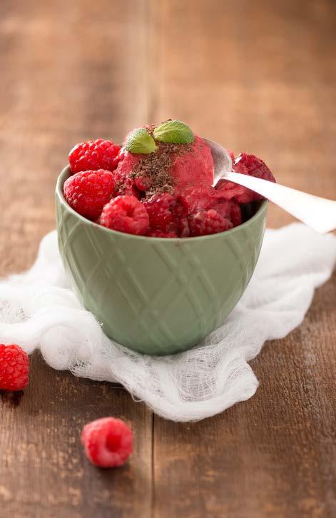 RASPBERRY ICE CREAM SERVES: 4 ACTIVE TIME: 5 MINUTES / PASSIVE: 30 60 MINUTES 1½ cans full-fat coconut milk ½ cup raw honey ½ teaspoon vanilla 1½ cups raspberries 1 scoop pure bone broth protein