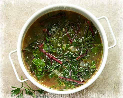 Swiss chard soup Week 1 (meals 2 + 5), Tuesday, Friday 2 Tbsp olive oil 1 onion, chopped 2 cloves garlic, crushed 1 lb Swiss chard, center ribs and stems removed, leaves chopped 3 ½ c low-sodium