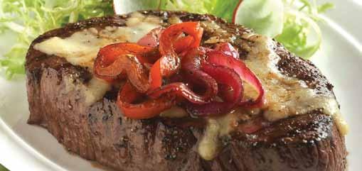 rib-eye steaks (each about 1 1/2 inches thick and 12 oz), excess fat-trimmed 1 red onion, sliced into 1/2 inch thick rounds 1 red bell pepper cut into 1/2