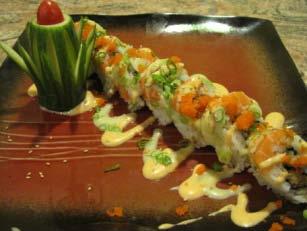 Scallop Spicy Scallop mix (Salmon) with Special Sauce and Green Deep Fried Imitation