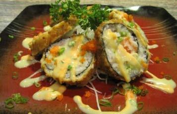Masago and Green Cherry Grilled Scallop on Real California Roll with Akira s Special