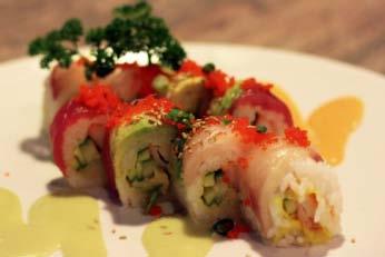 Spicy Tuna, Avocado, Cucumber, Deep Fried Shrimp (Red Snapper) Special Sauce, Masago, and Green Snow White Deep Fried Shrimp, Crabmeat, Cucumber, Avocado (Fresh Scallop) with Special Sauce, Masago,