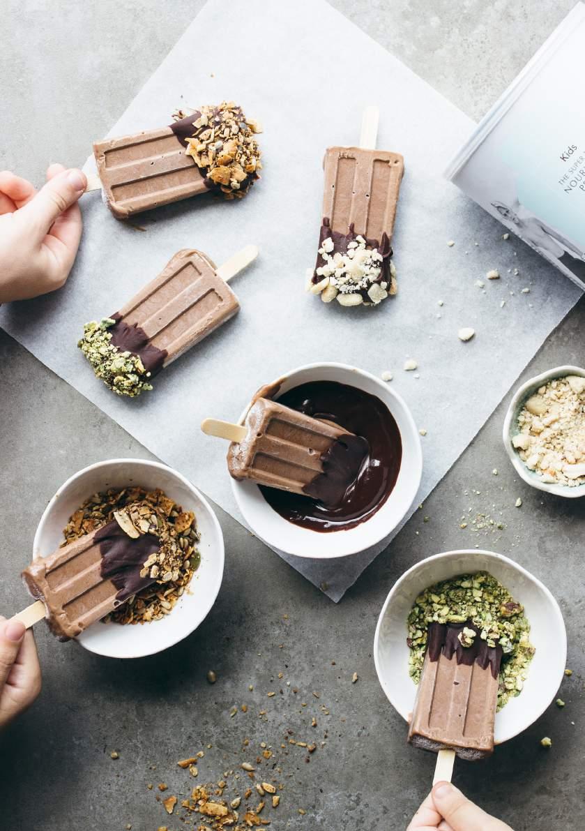 KIDS CHOCOLATE PROTEIN POPS From @thebarefoothousewife Pops 2 cups of chopped (very ripe) bananas 4 pitted dates 1/2 cup coconut milk 2 scoops of THE SUPER ELIXIR Super Kids Chocolate Nourishing
