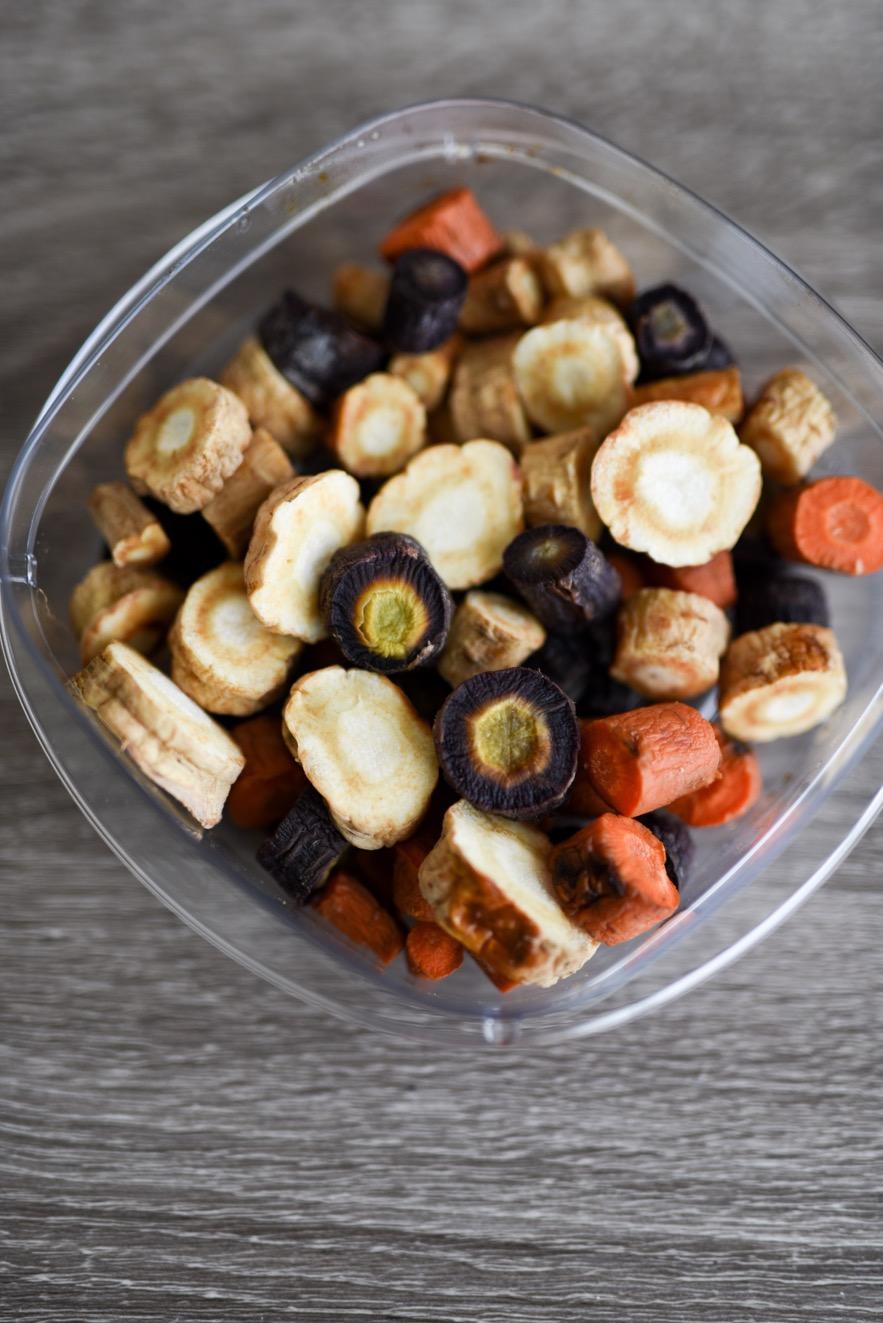 MEAL PREP ONE - DAY 7 STEP FOUR: ROAST THE ROOT VEGGIES (makes 3 servings) 3/4 cup diced or chopped parsnip (or more carrots if you can t find parsnip) 3/4 cup diced or chopped carrots + 1/8 cup