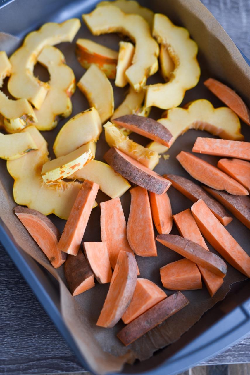 MEAL PREP TWO - DAY 12 STEP ONE: ROAST THE ROOT VEGGIES & CORN NOTE: To save time, start by preheating the oven.