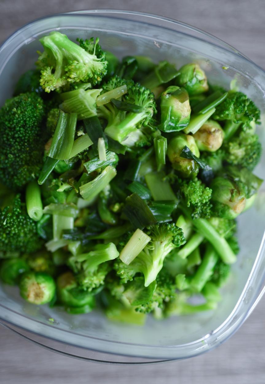MEAL PREP TWO - DAY 12 STEP THREE: COOK THE GREEN VEGGIE MIX (makes 3 servings (about 3-4 cups)) 2 cups broccoli, chopped 2 cups brussels sprouts (left whole if they re small or halved if they re