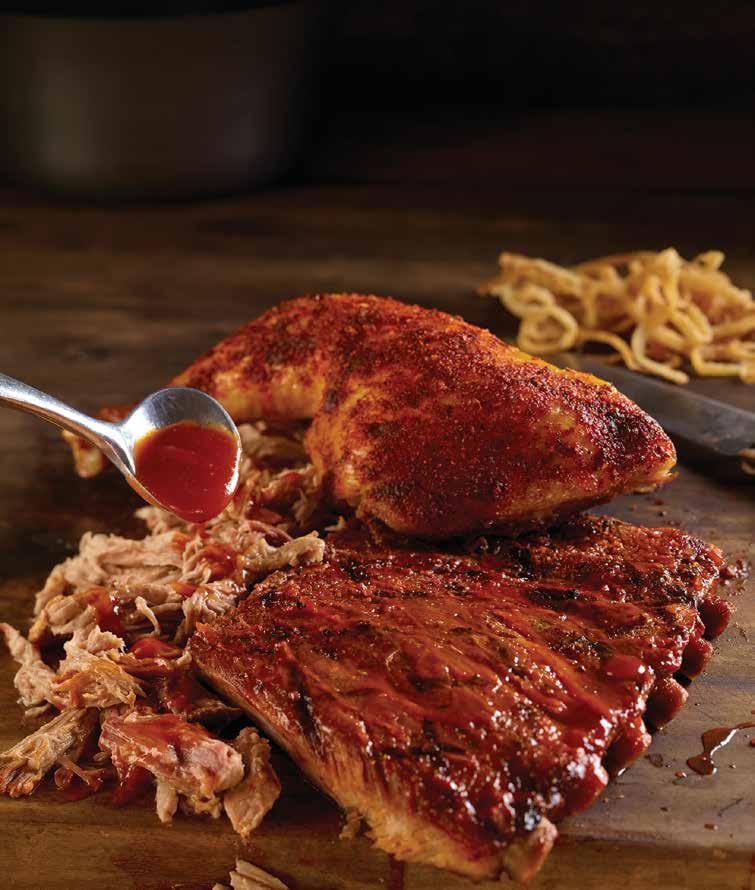 BARBECUE CHICKEN 2,380- Half chicken, basted with our hickory barbecue sauce and roasted until fork-tender.