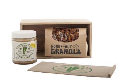 A B C A. HONEY CRUNCH Our raw honey paired with locally made granola packaged in our custom tung wood box: 8 oz.