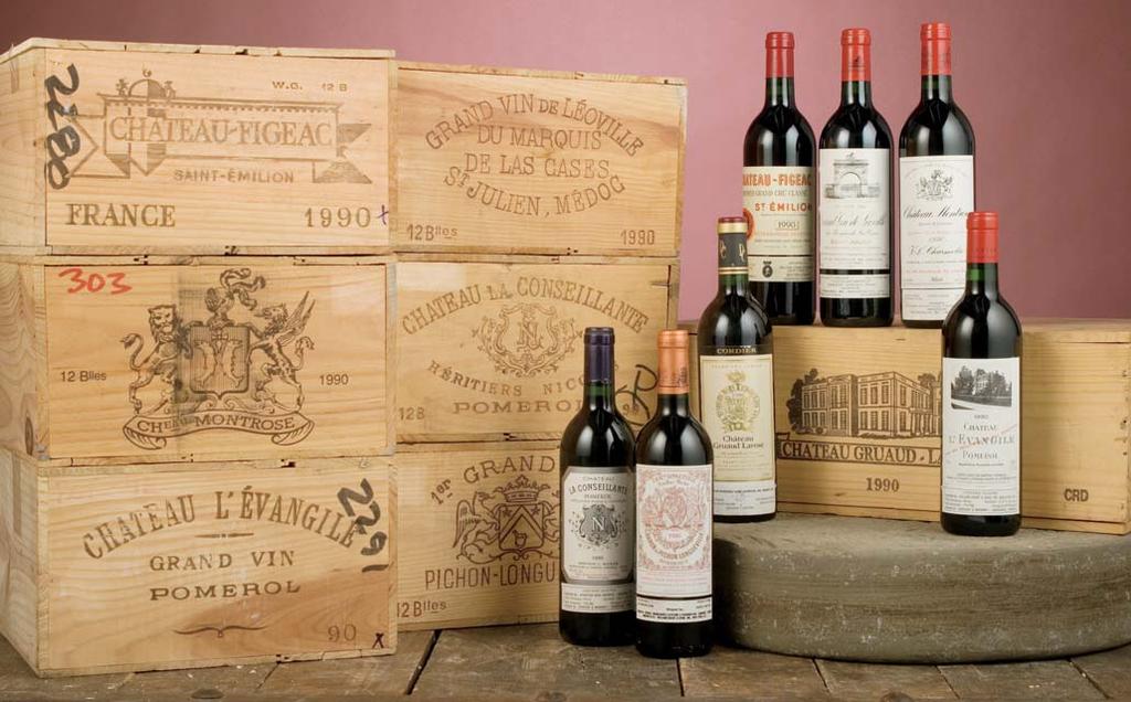 Château L Evangile 1990 Pomerol Lot 190: One base neck level; Lot 191: Four labels slightly bin soiled, one scuff marked; multiple importers.
