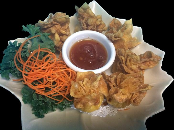 Crab Rangoon Crispy wonton skin stuffed with cream cheese, crab meat, carrot and onion served with sweet & sour