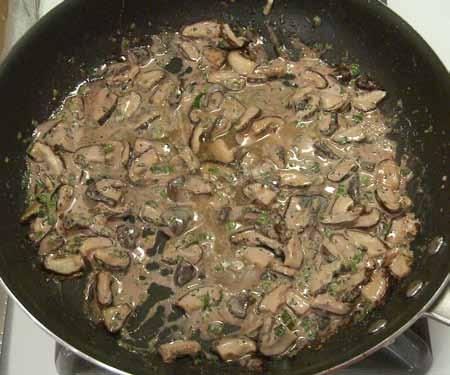 7 5 Add the heavy cream and chopped fresh tarragon to the pan. Add the sautéed mushrooms and green onions. Finish by adding the Marsala. Stir to blend.