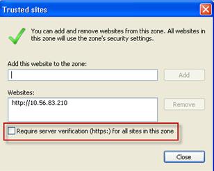 chỉnh một số thông số mặc định của trình duyệt như sau: Bước 1: Chọn Tool Internet options Security Trusted sites Bước 2: Chọn Sites bỏ dấu check <Require sever