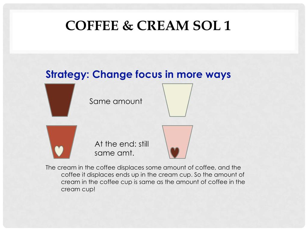COFFEE & CREAM SOL 1 Credit: Dr. M Warshauer Strategy: Change focus in more ways Same amount At the end: still same amt.