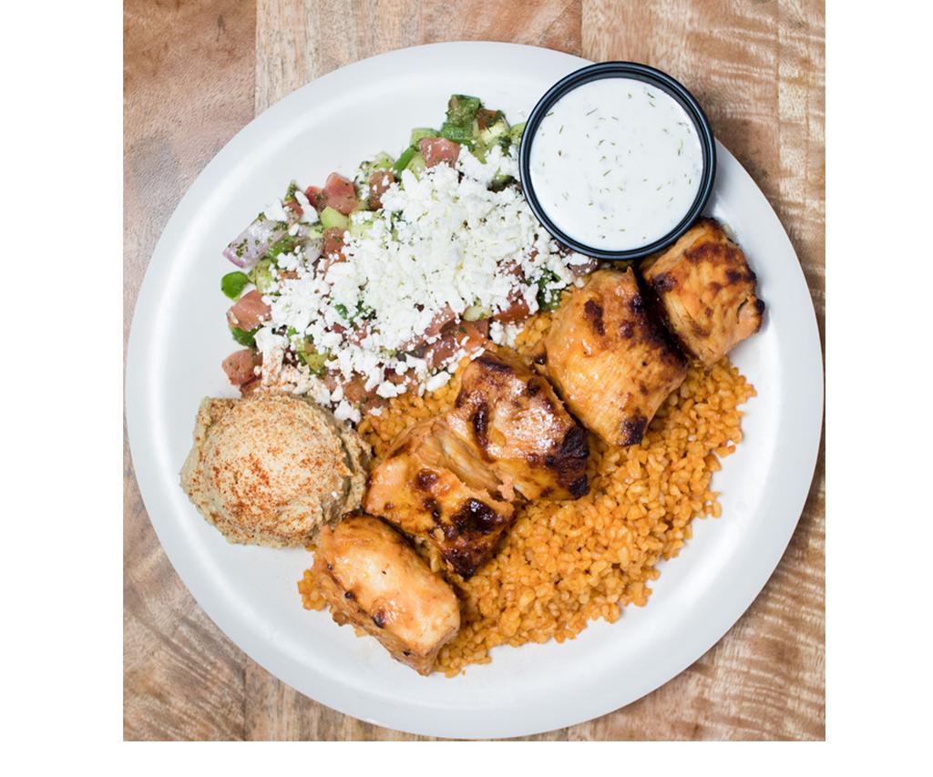 FLAT-TOP PLATTERS Customize your own signature platter! Choose one from each category to create a flavorful, fresh, and healthy Mediterranean meal. CHOOSE ONE: Chicken $10.75, Beef $11.50, Falafel $9.