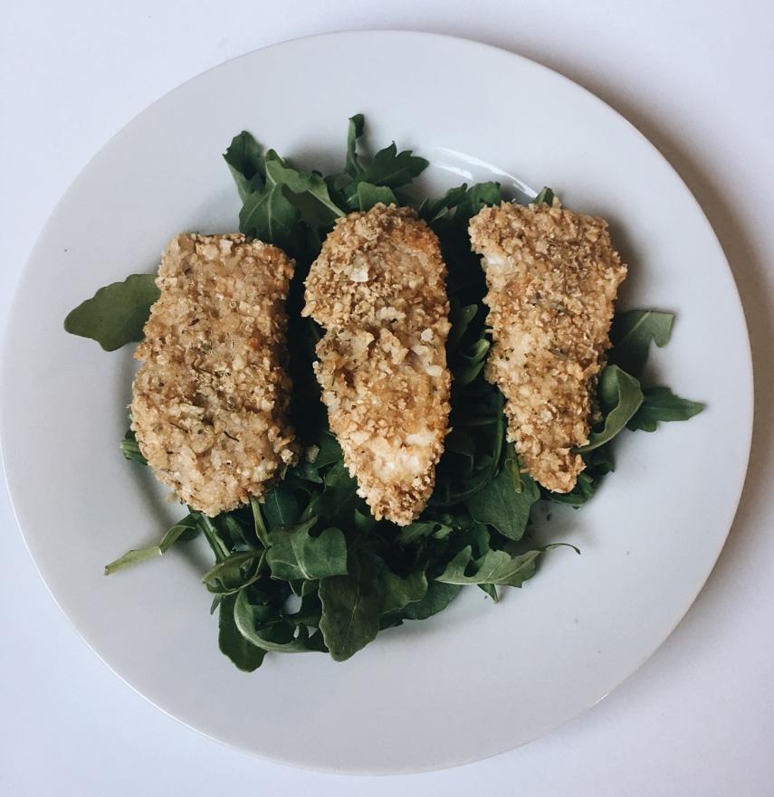 BAKED CHICKEN TENDERS Prep time: 15 min Cook time: 18 min Gluten free, dairy free 2 chicken breasts, cut into tenders 1 cup unsweetened almond milk 1/2 cup white whole grain sorghum flour 1 cup