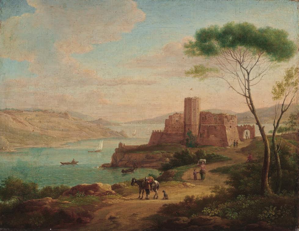 HENDRIK FRANS VAN LINT (ANTWERP 1684-1763 ROME) An Italianate river landscape with fgures on a path and entering a castle, a fortifed village beyond; and An Italianate river landscape with travellers