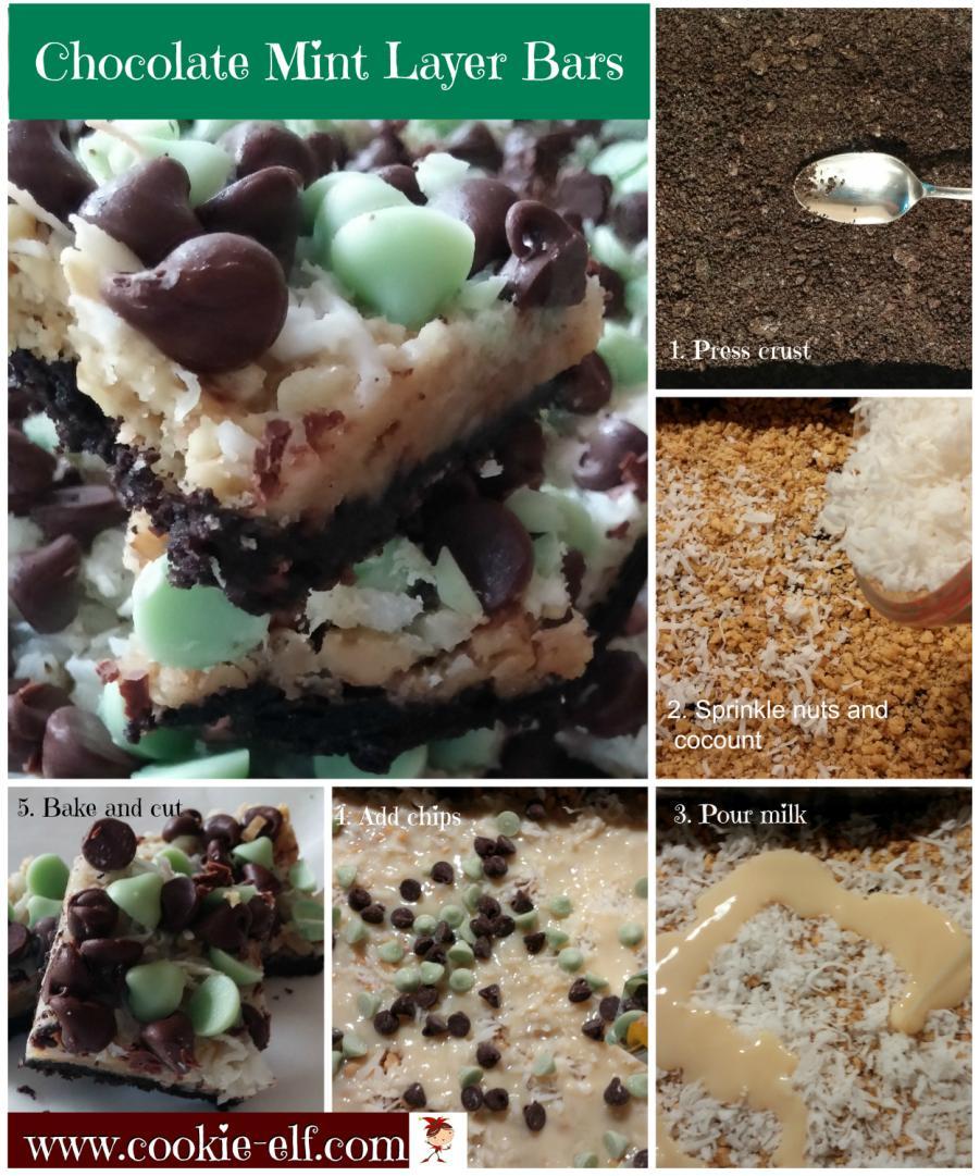 2.. Chocollate Miint Layer Bars Chocolate Mint Layer Bars bring together the luscious combination of chocolate and mint. These cookies look pretty with green and white of the Christmas season.
