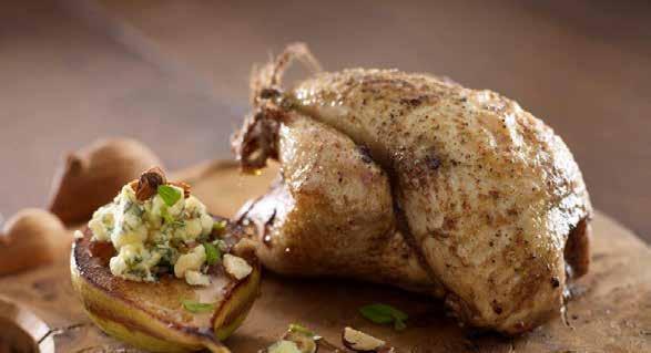 ROAST PARTRIDGE, PEAR & HONEY 4 Oven Ready Partridges 2 Pears 50g Blue Stilton 50g Hazelnuts 30g Honey Season the partridge and sear in a hot pan for two minutes each side Place into a hot oven and