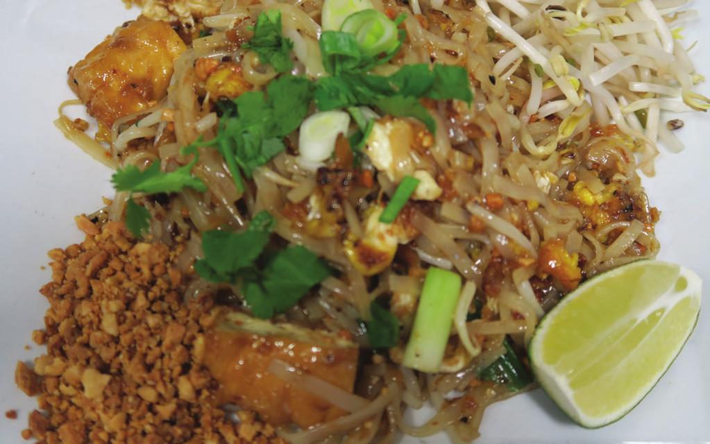 NOODLE DISHES 38. Pad Thai Famous stir-fried Thai rice noodle dish with egg, scallion, bean sprout, topped with ground peanut with your choice of chicken, shrimp, pork, beef, or tofu/veggies 13.95 39.