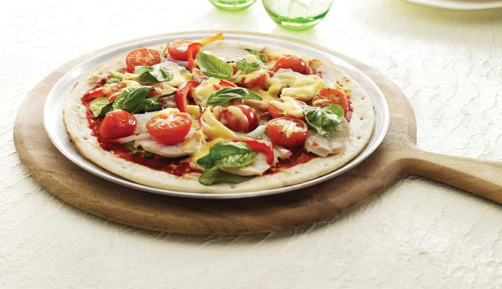 PIZZA Prep time: 15 mins Cooking time: 10 mins Serves: 4 s 2 x 25 cm pizza bases s 4 tbs reduced-salt tomato paste or tomato sauce s 1 chicken breast, cooked and