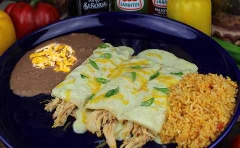 75 Two flour tortillas stuffed with your choice of chicken, ground beef or picadillo, cheese, onions & tomatoes. Served with guacamole & sour cream. Chicken Taquitos $9.