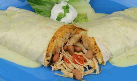 95 Loaded with ground beef, rice & beans. Topped lettuce, tomatoes, cotija cheese & sour cream. Burrito Blanco $9.95 Filled with chicken, rice & rancho beans, smothered in our white creamy sauce.