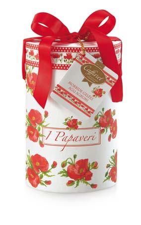 poppies design and a nice red ribbon containing tender citrus fruit