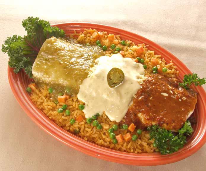 95 Chile Verde Shredded pork with tomatillo sauce. Served with rice and beans 9.95 Especialidades Brochetas Torta Shish kebab of grilled shrimp, chicken and steak, onions, bell peppers, and pineapple.