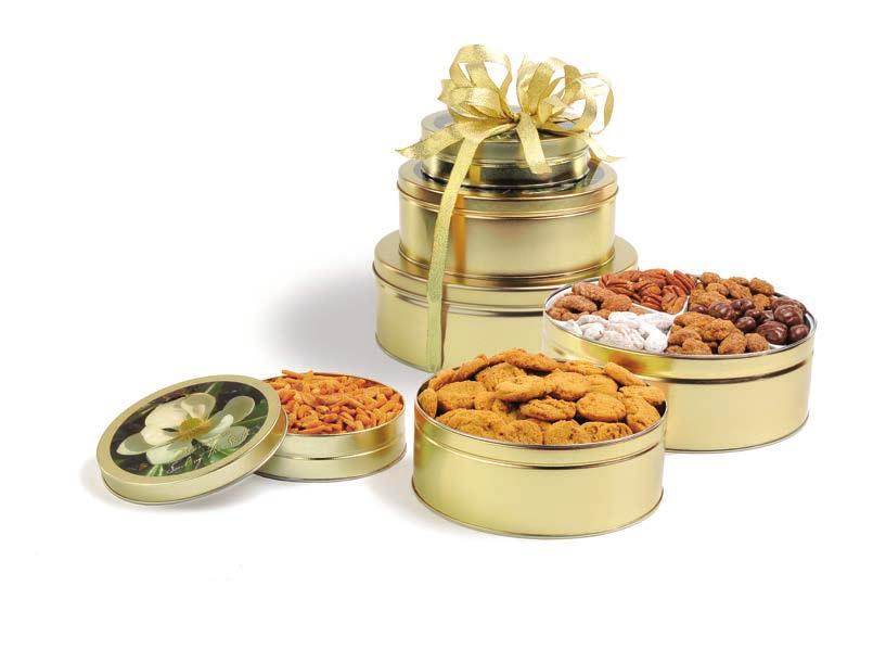 Tower of Tins This distinctive triple feature has three fancy gold tins that offer an irresistible collection of Pecans, Cookies, and Southern Trash.