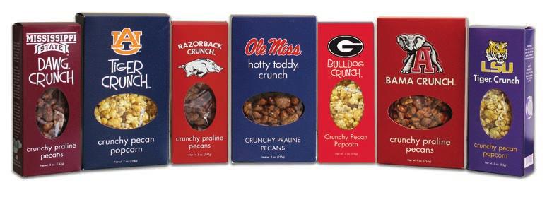 Fabulous Team Gifts for Your Favorite Fans Your choice of Crunchy Praline Pecans or Crunchy Pecan Popcorn in boxes that are instantly recognizable for any SEC fan.