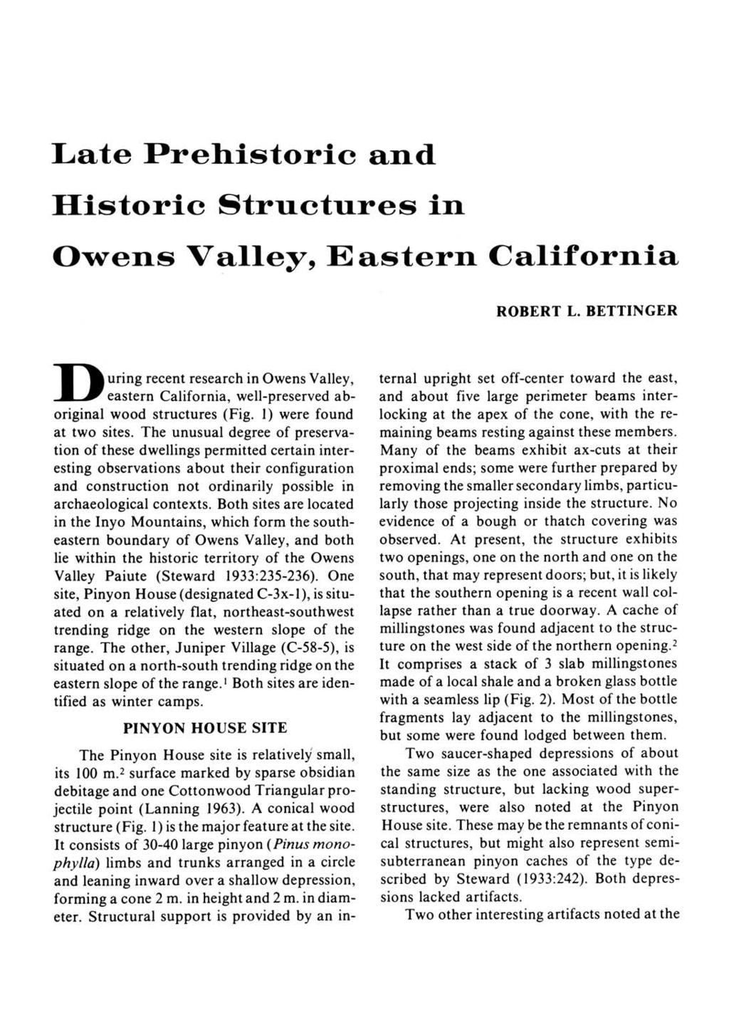 Late Prehistoric and Historic Strnctures in Owens Valley, Eastern California ROBERT L.
