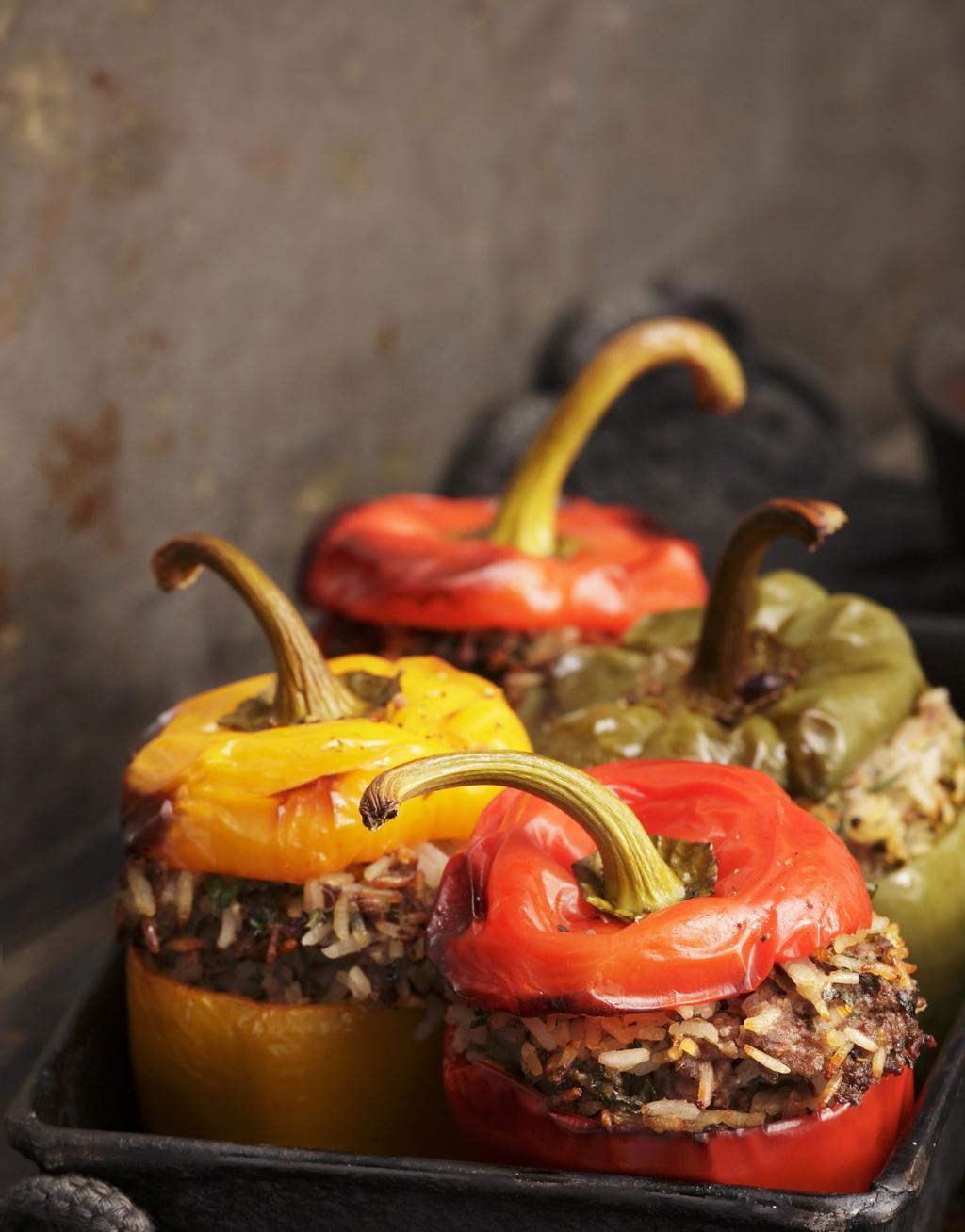 stuffed bell peppers Ingred ient s 2 medium yellow onions 2 tbsp. extra-virgin olive oil 28 oz canned tomatoes, drained 2 tbsp. fresh mint ¾ tsp. kosher salt, plus extra ¼ tsp.