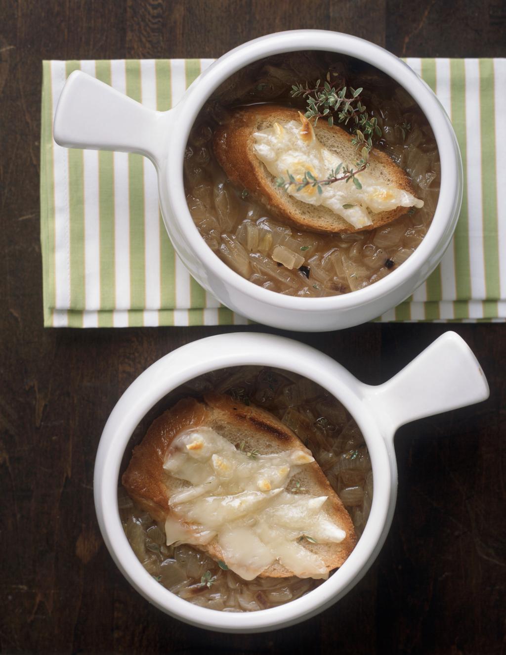 french onion soup Ingred ient s 6 large yellow onions 3 tbsp. extra-virgin olive oil, plus extra 14 oz chicken stock 10 oz beef stock 2 tbsp.