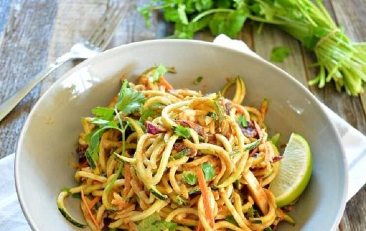 Spicy Sesame Almond Zucchini Noodles Total Time: 20 minutes Cook Time: 20 minutes Calories 438 Carbohydrate 18g Protein 8g Fat 39g The Salad 2 medium zucchini ends cut off 1/ 2 cup(s)