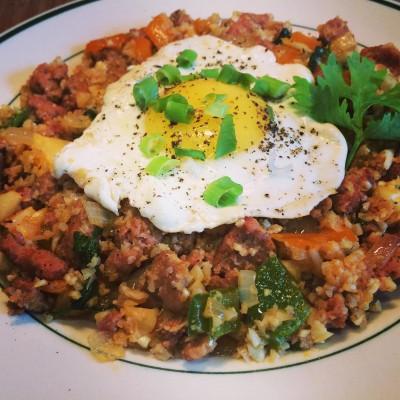 Chorizo Rice with Fried Egg Servings 2 Total Time: 25 minutes Cook Time: 25 minutes Calories 609 Carbohydrate 13g Protein 51g Fat 41g 1 pound(s) chorizo, ground 1/ 2 head(s) cauliflower cut into