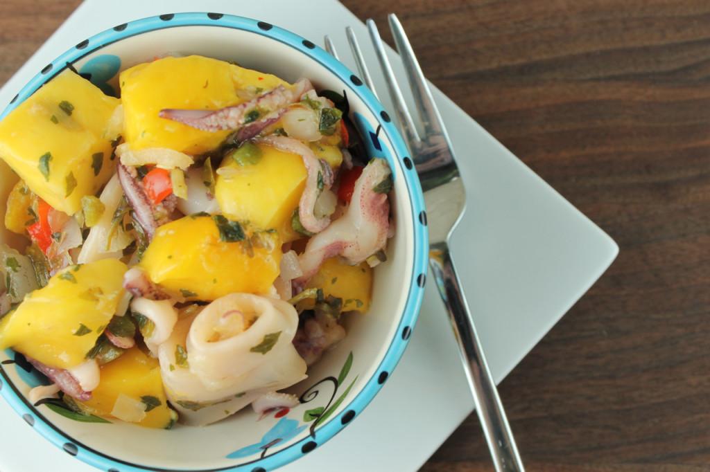 Mango and Calamari Ceviche Total Time: 2 hours Cook Time: 25 minutes Passive Time: 2 hours Calories 140 Carbohydrate 17g Protein 14.1g Fat 1.