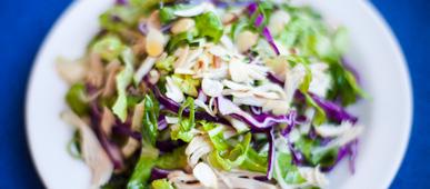 Chinese chicken salad with sesame dressing by Kelly Senyei of Just a Taste For the salad: 4 cups shredded pre-cooked rotisserie chicken (discard the skin) 3 cups shredded Romaine lettuce 2 cups