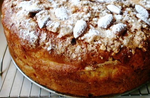Scatter whole almonds over the surface of the cake, and sprinkle with confectioners sugar.