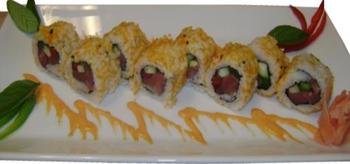 25 (Shrimp, tempura flakes and special blended sauce, topped with sesame seed) Spicy Crab Roll #... $7.
