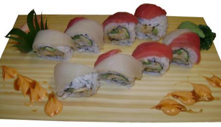 50 (Eel, avocado seaweed salad, covered with scallops) *American Roll.